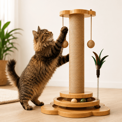 Arranhador de Madeira com Brinquedos para Gatos