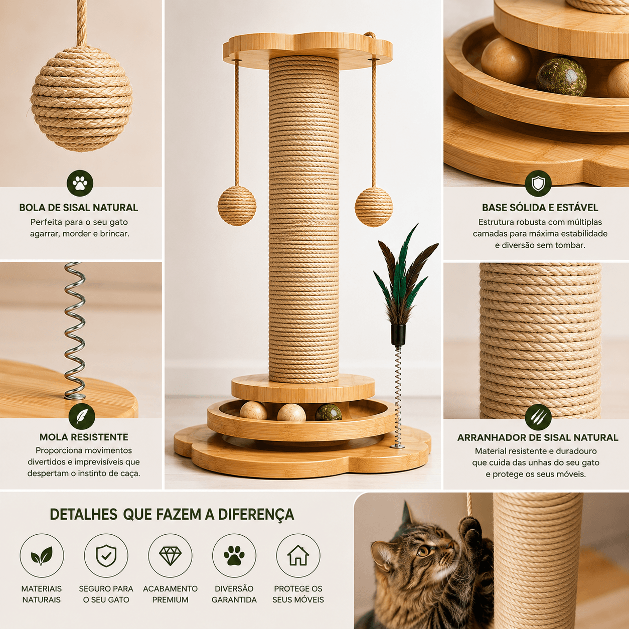 Arranhador de Madeira com Brinquedos para Gatos