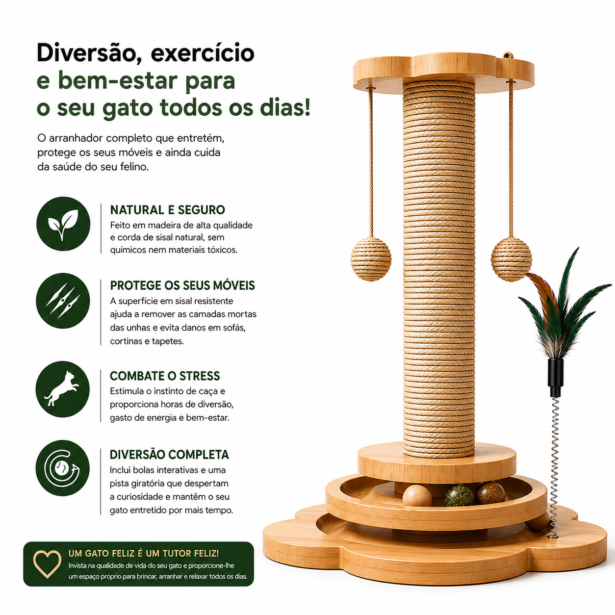 Arranhador de Madeira com Brinquedos para Gatos