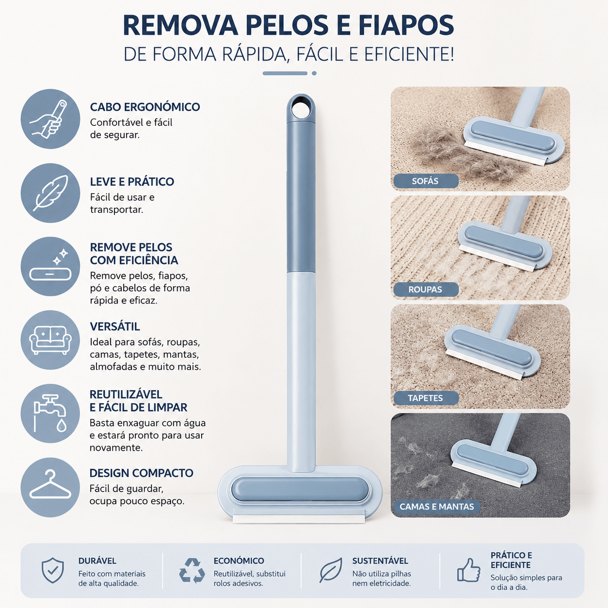 Bastão Removedor de Pelos Multitarefas