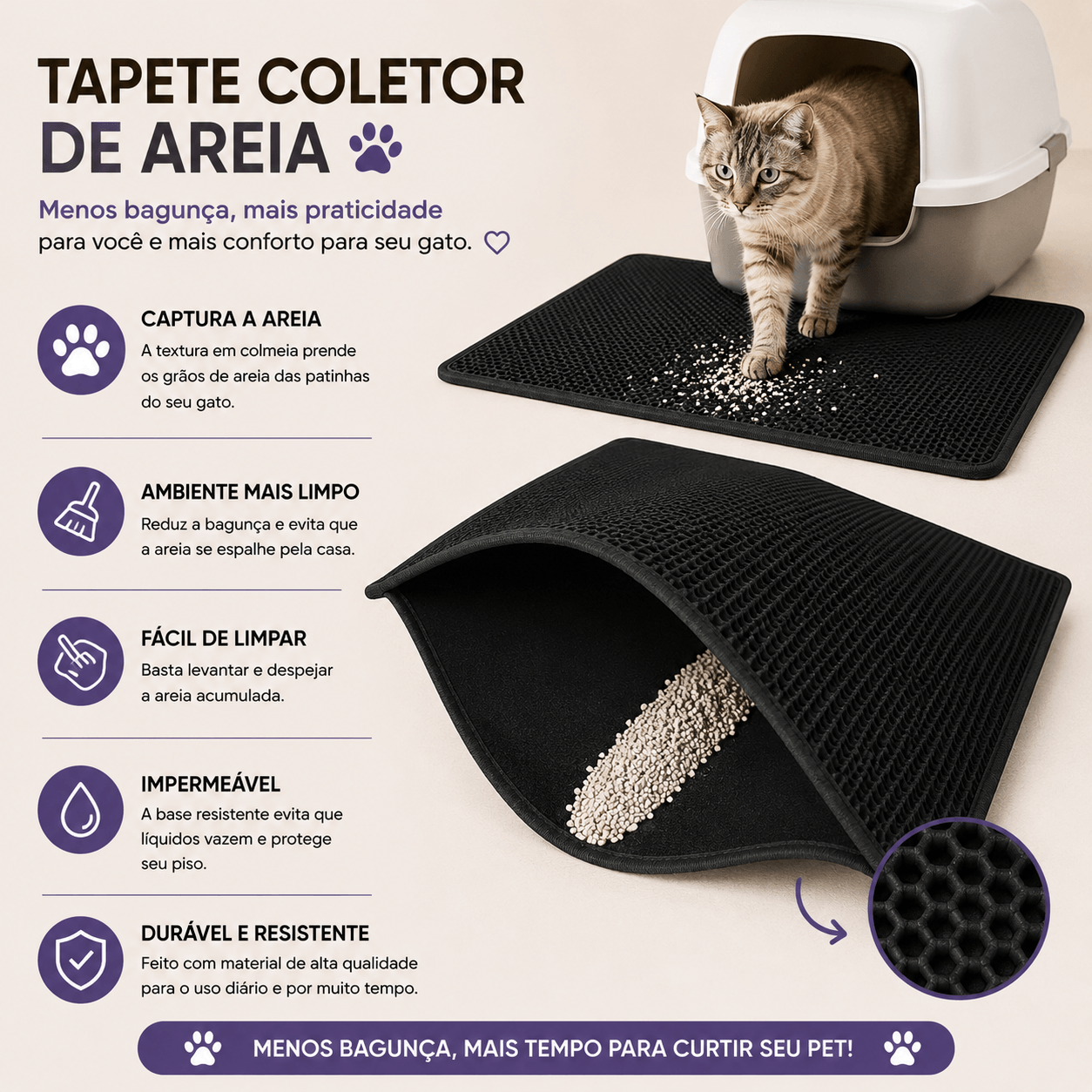 Tapete Higiênico Recolhedor de Areia para Gatos