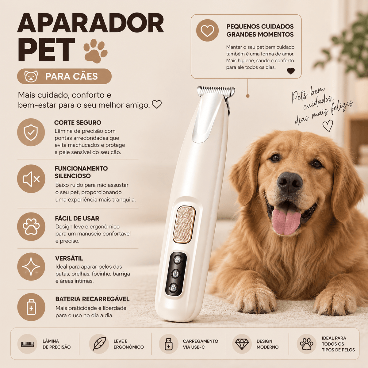 Aparador de Pelos Recarregável para Cães