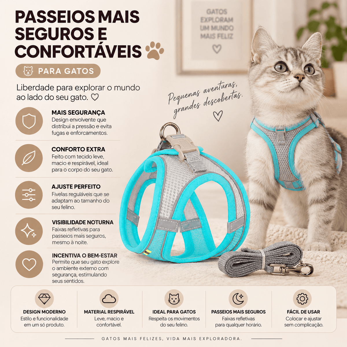 Peitoral Ajustável com Guia para Gatos